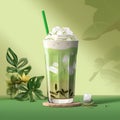 Iced Green matcha tea mixed with ice cube and milk in high glass, creative illustrattion. Close up. Cold matcha latte on dirty Royalty Free Stock Photo