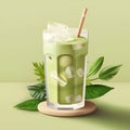 Iced Green matcha tea mixed with ice cube and milk in high glass,minimalistic concept, close up. Cold matcha latte on light green