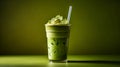 Iced Green matcha tea mixed with ice cube and milk in high glass,minimalistic concept, copy space. Cold matcha latte on dirty Royalty Free Stock Photo