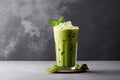 Iced Green matcha tea mixed with ice cube and milk in latte glass on white. Space for text. Close up. Generative AI