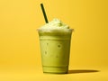 Iced green tea latte in a plastic cup on a yellow background. AI Generative