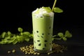 Iced green tea with milk in a glass on a black background, Matcha bubble tea with milk and froth, AI Generated