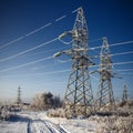 Iced high voltage wires Royalty Free Stock Photo