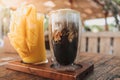 Iced latte coffee and mango juice drinks in concept of summer. Royalty Free Stock Photo