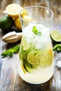 Summer healthy non alcoholic cocktails, citrus infused water drinks, lemonades with lime lemon or orange, diet detox beverages. Royalty Free Stock Photo