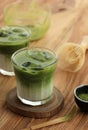 Iced Matcha Latte on Wooden Table Royalty Free Stock Photo
