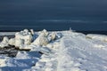 The iced over pier close up and Breakwater at sea bay