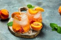 Iced peach cocktail with peach slices, summer Peach cocktail, homemade peach lemonade with ice cubes, and mint in glass Royalty Free Stock Photo