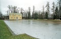 Iced pond and classical buiding Royalty Free Stock Photo
