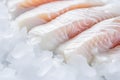 Close up of raw cod fish fillets with ice Royalty Free Stock Photo