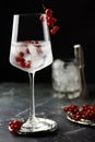 Iced red currant drink. Fresh ice cold fruit cocktail in wine glass, refreshing summer red currant berry drink with on stone Royalty Free Stock Photo