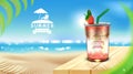 Iced strawberry juice takeaway cup placed on wooden floor with ice cubes, coconut leaf set for summer beach background