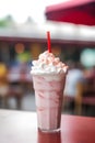 Iced strawberry milkshake with whipped cream in a tall glass.