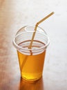 Iced tea in a clear plastic cup. Kombucha drink