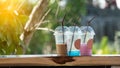 Iced tea cup 3 coffee mugs on the table Royalty Free Stock Photo