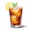 Watercolor Illustration Of A Refreshing Glass Of Iced Cola With Lemon