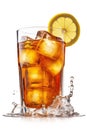 Iced tea in a glass with ice cubes and a slice of lemon isolated as a freeze frame against a white background. Generative AI Royalty Free Stock Photo