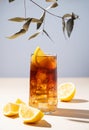 Iced tea with lemon and ice in a tall glass on a yellow and blue background with shadow and branch. The concept of a refreshing Royalty Free Stock Photo