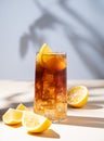 Iced tea with lemon and ice in a tall glass on a yellow and blue background with shadow. The concept of a refreshing drink or Royalty Free Stock Photo