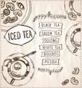 Iced tea menu art design concept on a paper, illustration with tea cups and assorted pastry