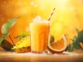 Iced tropical smoothie in a glass with fresh pineapple, orange and green leaves on yellow bokeh background. Creamy tropical drink Royalty Free Stock Photo