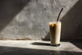 Iced Vanilla Latte on Concrete Surface with Dramatic Light and Shadow Play Royalty Free Stock Photo
