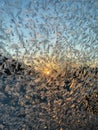 Iceflowers, frozen.The ice-cold frost forms ice crystals in beautiful unique patterns on the window, Hood and wiper on the Car Royalty Free Stock Photo