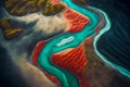 iceland aerial river in beaful red green tones, top view