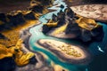 iceland aerial river flowing between desert rocky shores