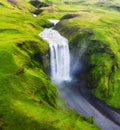 Iceland. Aerial view on the Skogafoss waterfall. Landscape in the Iceland from air. Famous place in Iceland. Landscape from drone. Royalty Free Stock Photo