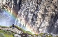 Iceland - August 3, 2021: Tourists at Dettifoss. The waterfall is situated in VatnajÃÂ¶kull National Park in Northeast Iceland, and