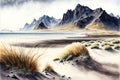 Iceland beach with mountains on the background, watercolor. Generative AI