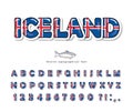 Iceland cartoon font. Icelandic national flag colors. Bright alphabet for design. Paper cutout glossy ABC letters and