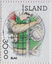 ICELAND - CIRCA 1992: A postage stamp printed in the Island shows a drawing of a handball player