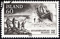 ICELAND - CIRCA 1978: A stamp printed in Iceland issued for the 50th anniversary of the Life-saving Service shows wreck of Sargon