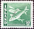 ICELAND - CIRCA 1939: A stamp printed in Iceland shows Atlantic herring Clupea harengus fish, circa 1939. Royalty Free Stock Photo