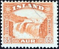 ICELAND - CIRCA 1931: A stamp printed in Iceland shows Gullfoss Falls, circa 1931. Royalty Free Stock Photo