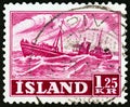 ICELAND - CIRCA 1952: A stamp printed in Iceland shows Ingolfur Arnarson trawler, circa 1952.