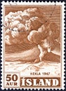 ICELAND - CIRCA 1948: A stamp printed in Iceland shows Mt. Hekla in Eruption, circa 1948.