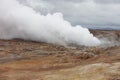 Iceland geothermal zone - area in mountains with hot springs. Cracks in mountains with hot steam.Tourist and natural