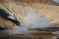 Iceland geothermal zone Namafjall - area in field of Hverir. Landscape which pools of boiling mud and hot springs. Tourist and