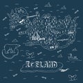 Iceland hand drawn cartoon map. Vector illustration with travel landmarks, animals and natural phenomena.