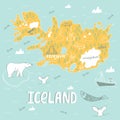 Iceland hand drawn cartoon map. Vector illustration with travel landmarks, animals and natural phenomena.