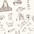 Iceland hand drawn doodle seamless pattern. Sketches. Vector illustration for design and packages product. Symbol