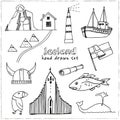 Iceland hand drawn doodle set. Sketches. Vector illustration for design and packages product. Symbol collection