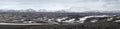 Iceland highlands autumn ultrawide view. Lava fields of volcanic sand in foreground. Hrauneyjalon lake and volkanic snow covered