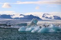 Iceland iceberg in JÃ¶kulsÃ¡rlÃ³n glacier lagoon with VatnajÃ¶kull National Park in the background