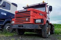 The old long-nose Scania 142H truck with V8 engine abandoned as a wreck