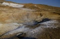 Fumarole fields of Iceland covered with yellow brimstone with boiling mud craters against the winter sky Royalty Free Stock Photo