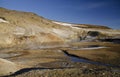 Fumarole fields of Iceland covered with yellow brimstone with boiling mud craters against the winter sky Royalty Free Stock Photo